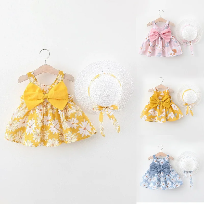 Baby Kid Girls Flower Bow Print Dresses Wholesale 22041939