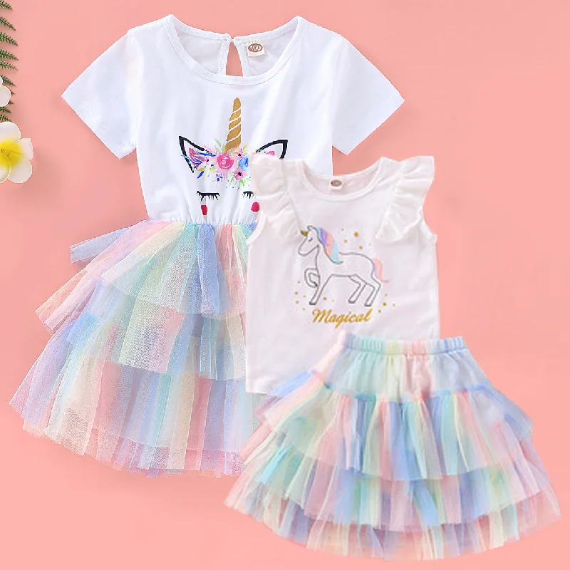 Baby Kid Girls Rainbow Unicorn Print Dresses Wholesale 220510205