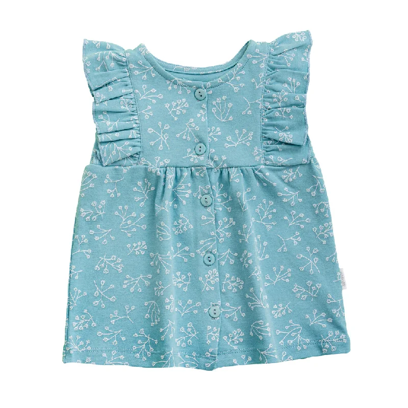 Blue Teal Floral Print Ruffle Dress