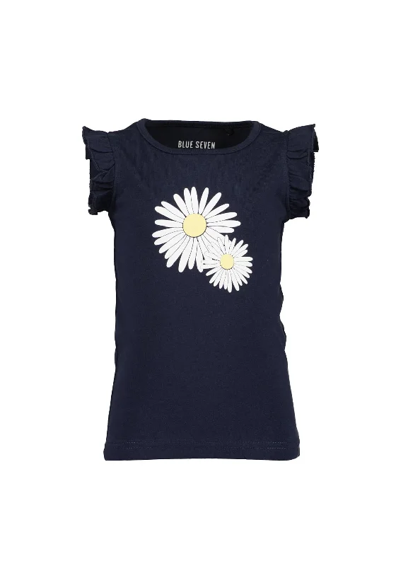 Blue Seven Girl Floral Frill Sleeve Tee, Navy