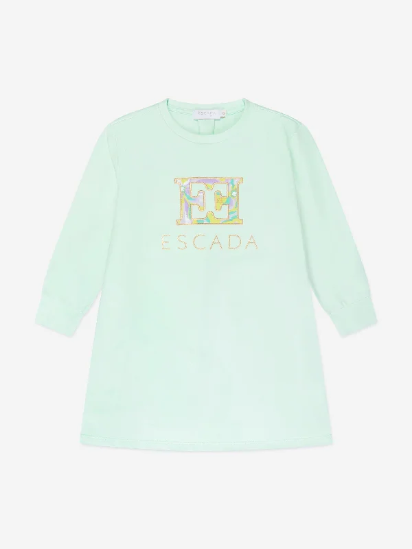 Escada Girls Embroidered Logo Sweater Dress in Blue