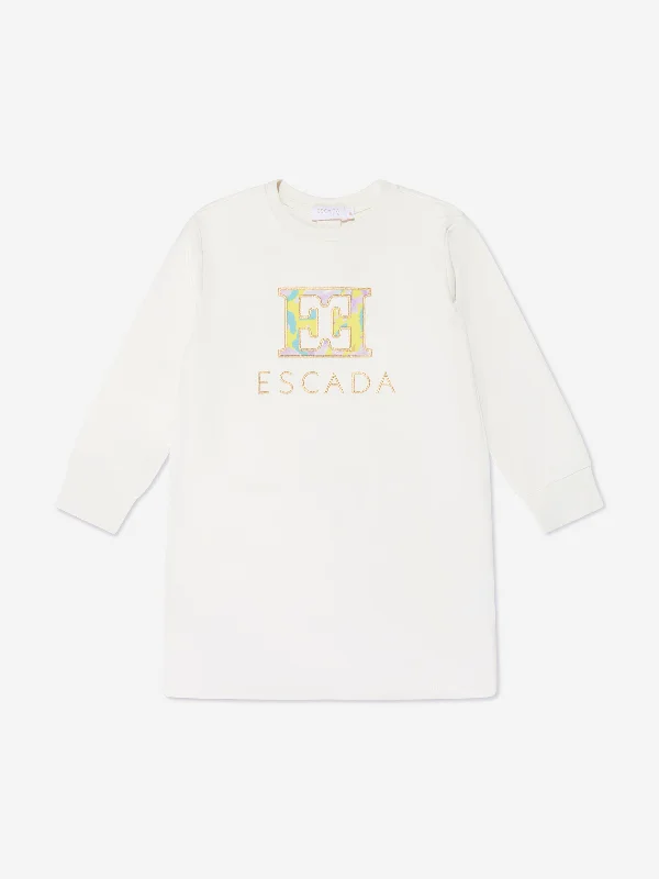 Escada Girls Embroidered Logo Sweater Dress in White