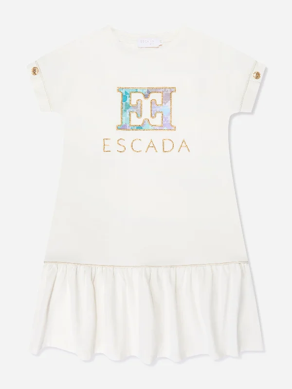 Escada Girls Embroidered Logo T-Shirt Dress in White