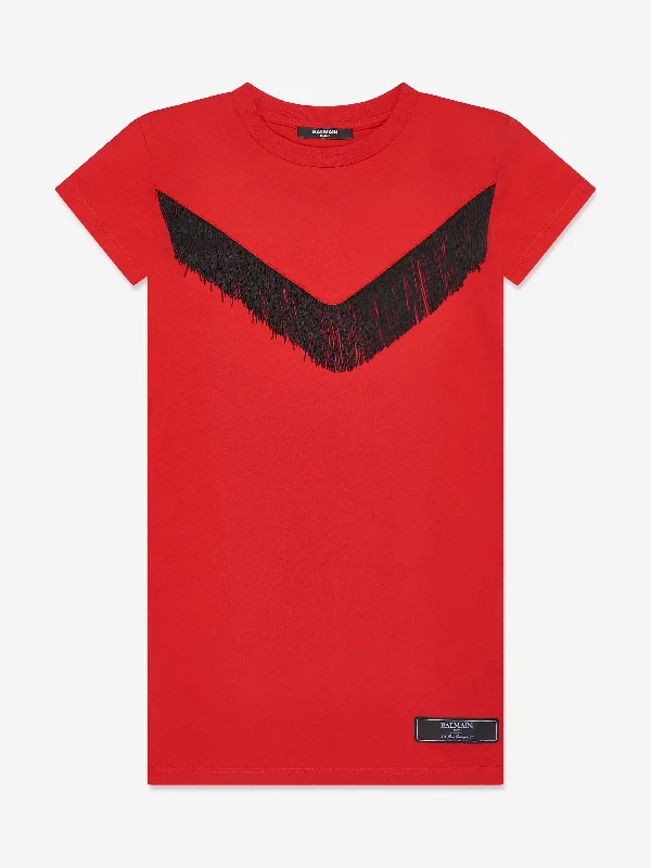 Balmain Girls Fringed Jersey Dress in Red