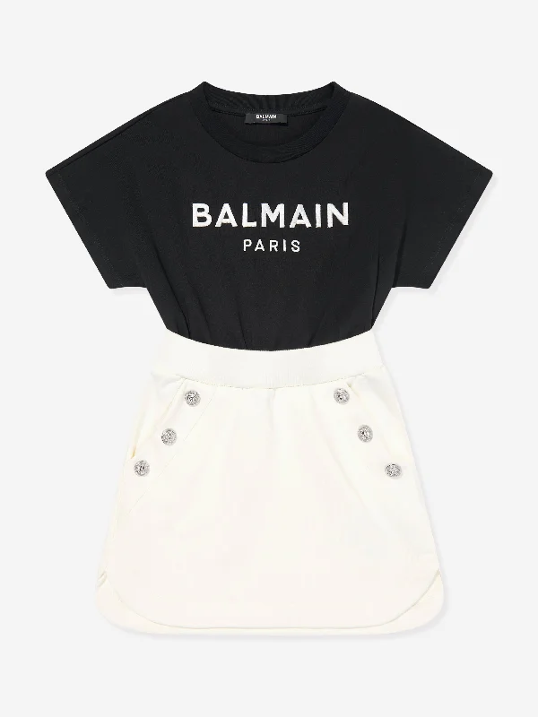 Balmain Girls Logo Cotton Jersey Dress in Black