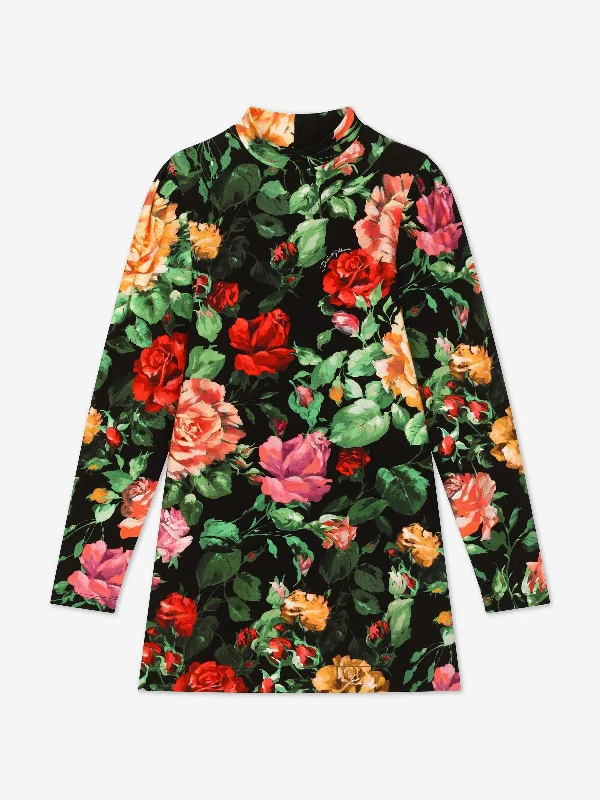 Dolce & Gabbana Girls Long Sleeve Rose Dress in Multicolour