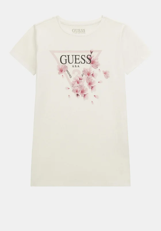 Guess Older Girl Triangle Floral Logo Short Sleeve Tee, White