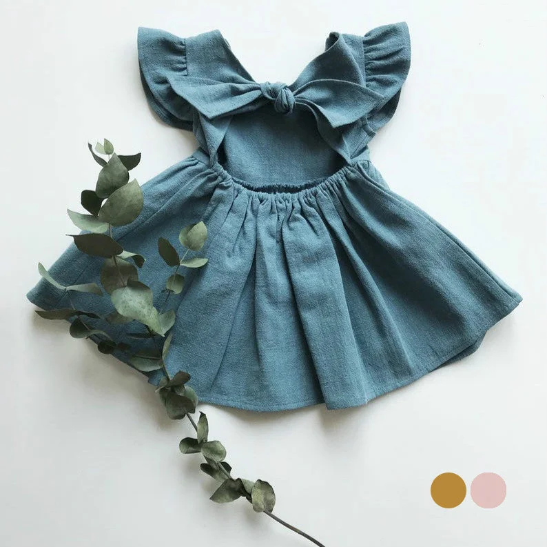 Little Girl Flutter Sleeve Backless Plain Dress Wholesale 54421457