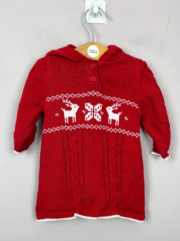 M&S red cable knit reindeer dress with hood 3-6m