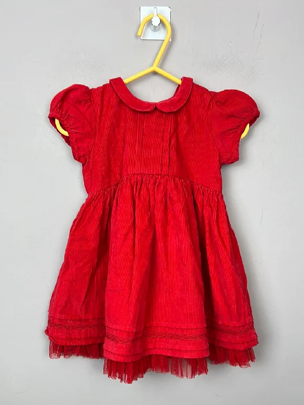 M&S red cord party dress 9-12m