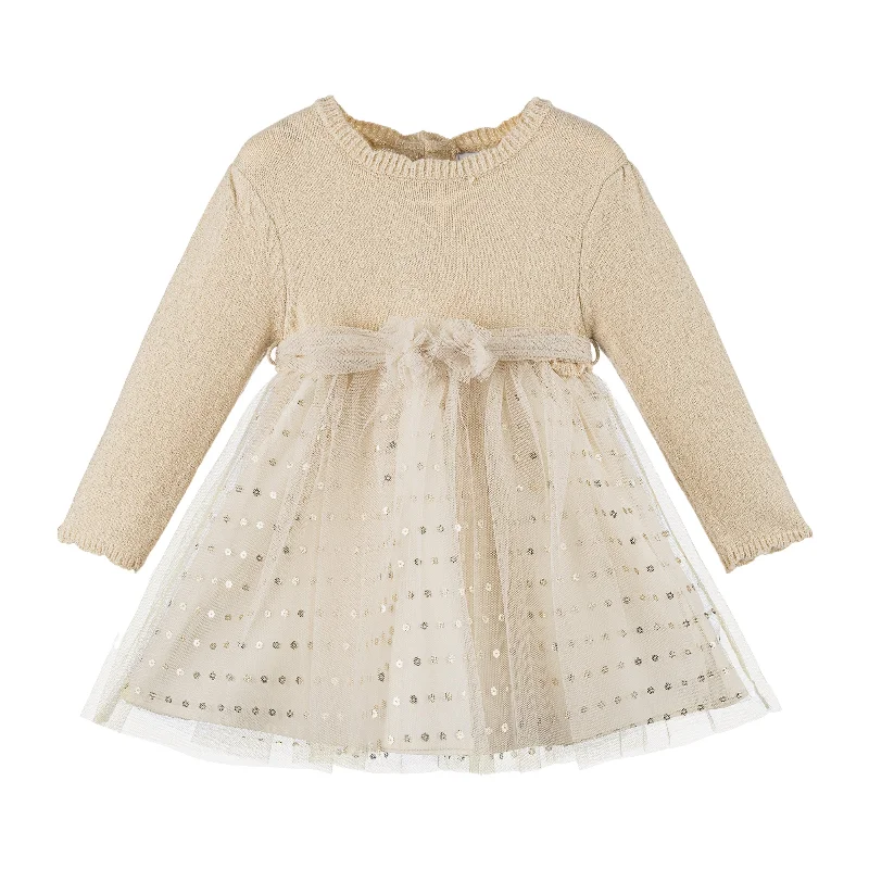 Beige Knit Polka Dot Tulle Dress