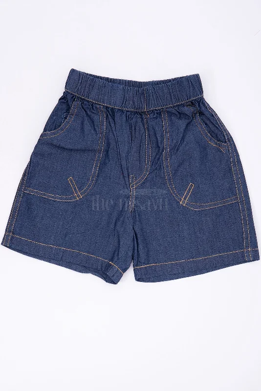 Blue Cotton Elastic Waist Boys Shorts