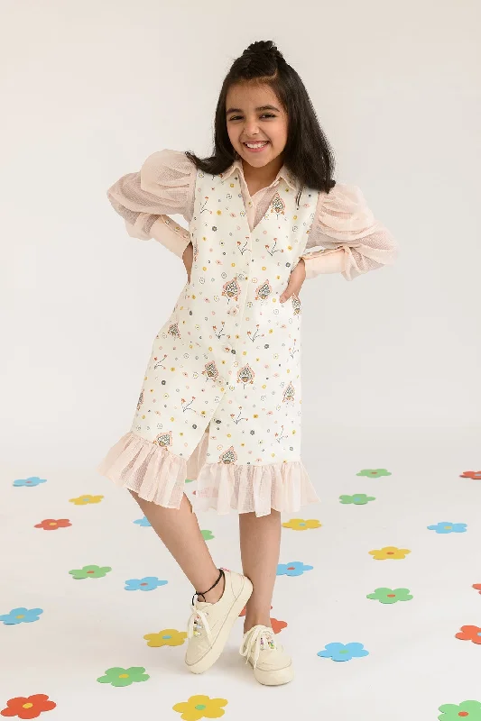 Peony Field- Printed Blazer Dress With Kota Doriya Shirt For Girls