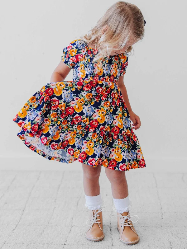 Puff Sleeve Dress - Navy Fall Blooms