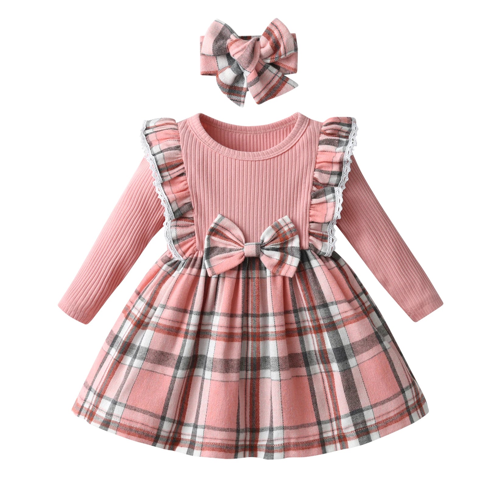 Girls Long Sleeved Pink Tartan Dress