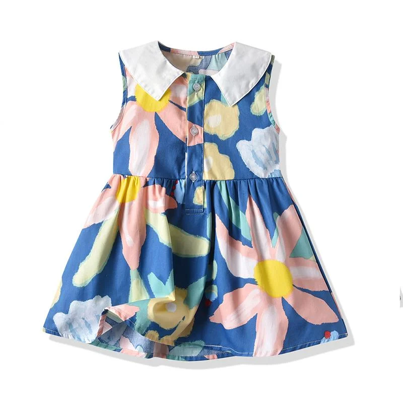 Baby Girl Printed Flowers Lapel Sleeveless Dress Wholesale 2712601