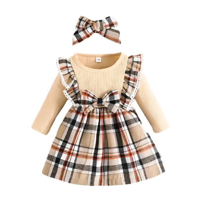 Girls Long Sleeved Beige Tartan Dress