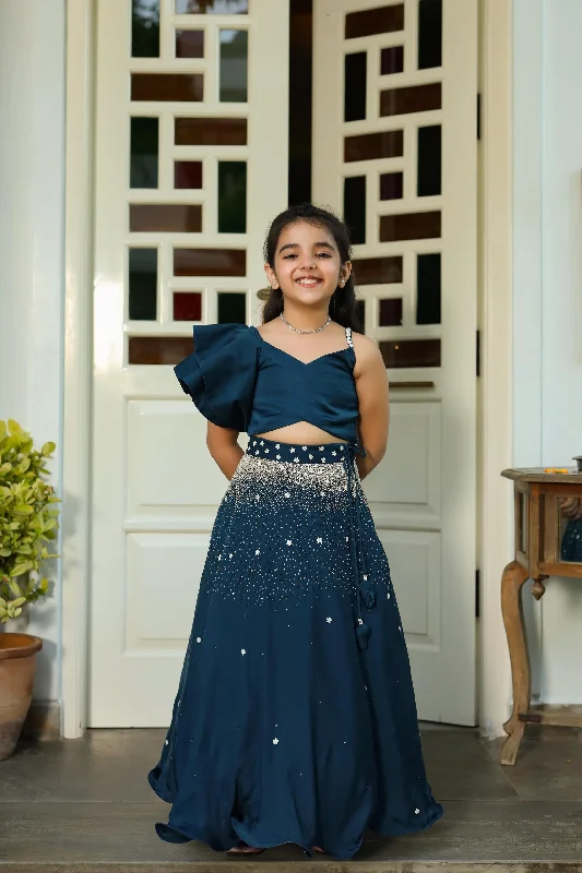 Mahtab- Embroidered German Satin Skirt & Ruffled Top Set For Girls