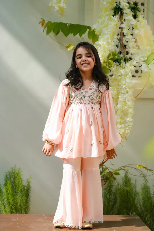 Shagufta- Peach Tencel Kurta & Sharara Set For Girls