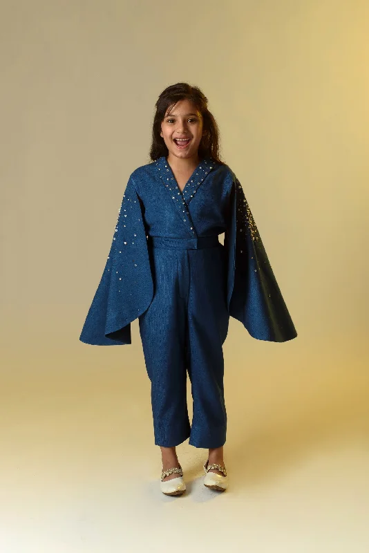 Sparking Flutter- Sapphire Blue Organic Wool Herringbone Jumpsuit For Girls