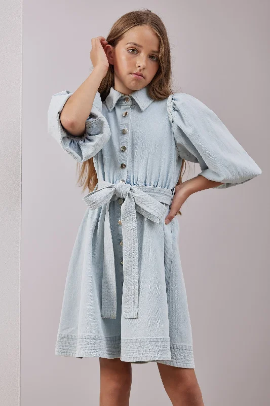 Steph Puffy Sleeved Denim Button Dress w/ Belt