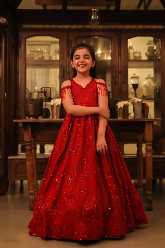 Surkh- V-Neck Embroidered Ball Gown For Girls