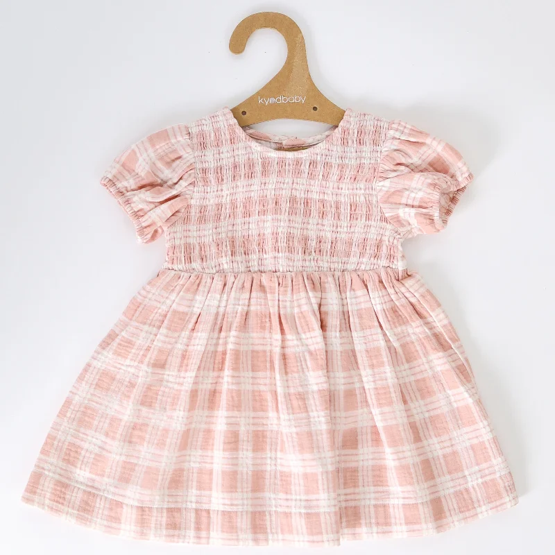 KYND Baby Shirred Dress (Blush Check)